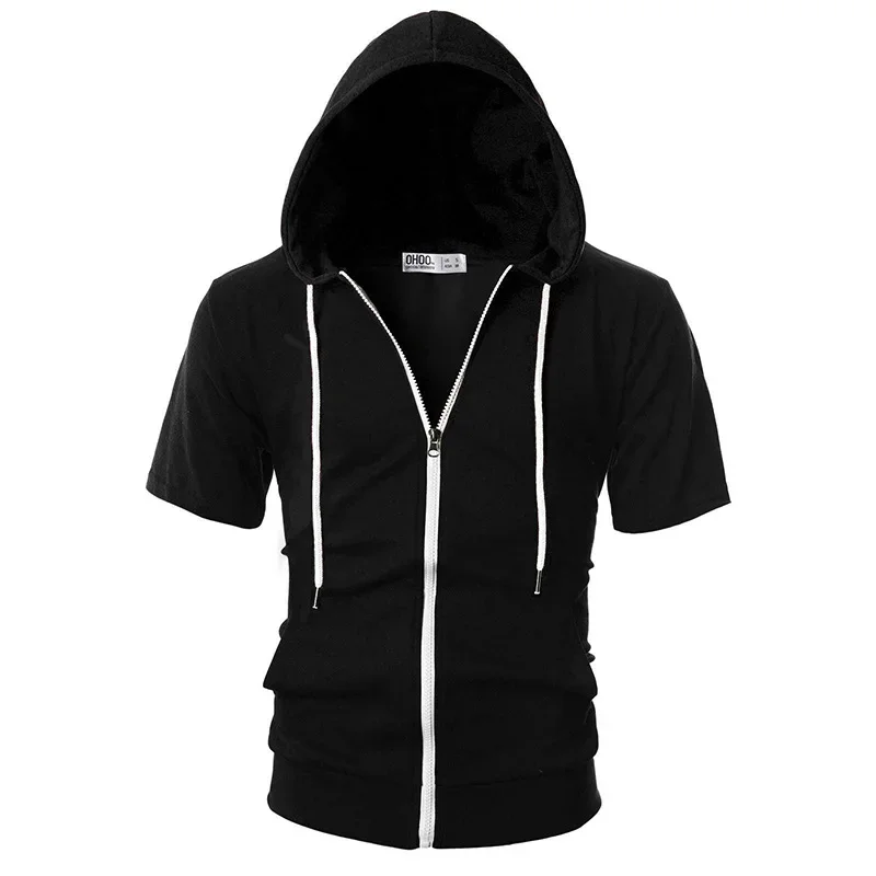 Herr casual tröjor kortärmade hoodies jacka enfärgad smal dragkedja herr sporttoppar bekväma friluftskläder för män: Xxl / Svart