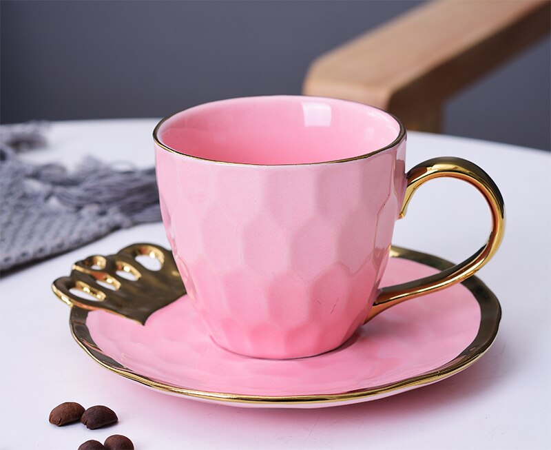 Nordic keramik kaffekop enkel guld side kaffekop sæt med fad hjem cafe kontor kop sjov: D