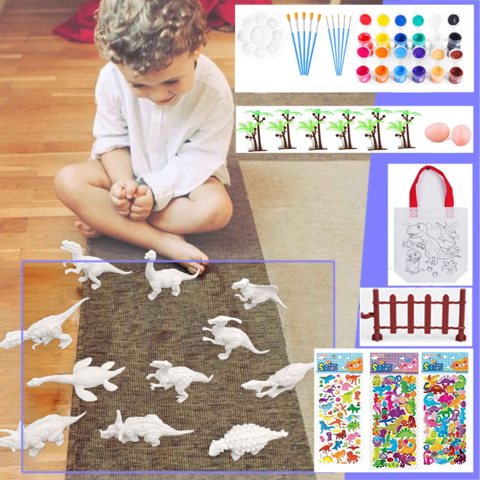 55Pcs Dinosaurus Patronen Penselen Bomen Kleurrijke Plastic Versierd Kinderspeelgoed Kinderen Diy Eeducational Speelgoed Set