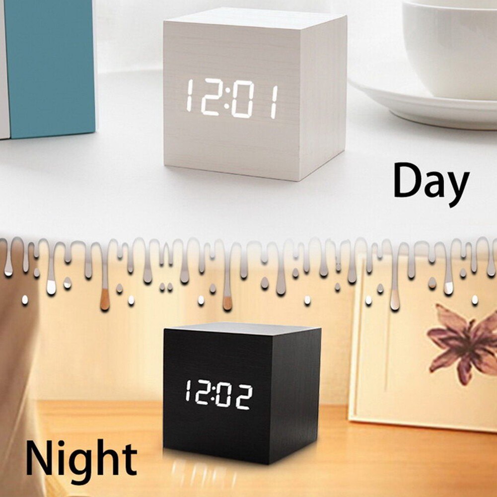 Digitale Houten Led Wekker Retro Glow Klok Desktop Voice Control Klok Led Display Houten Klokken Slaapkamer Woonkamer