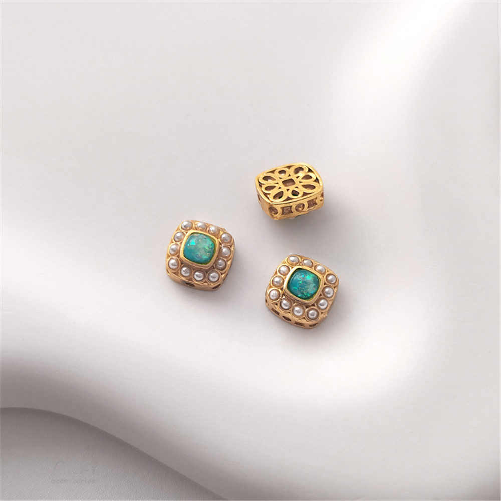 Cuentas de transferencia con incrustaciones de ópalo de imitación, accesorios de joyería hechos a mano, oro mate, chapado en cobre, Retro