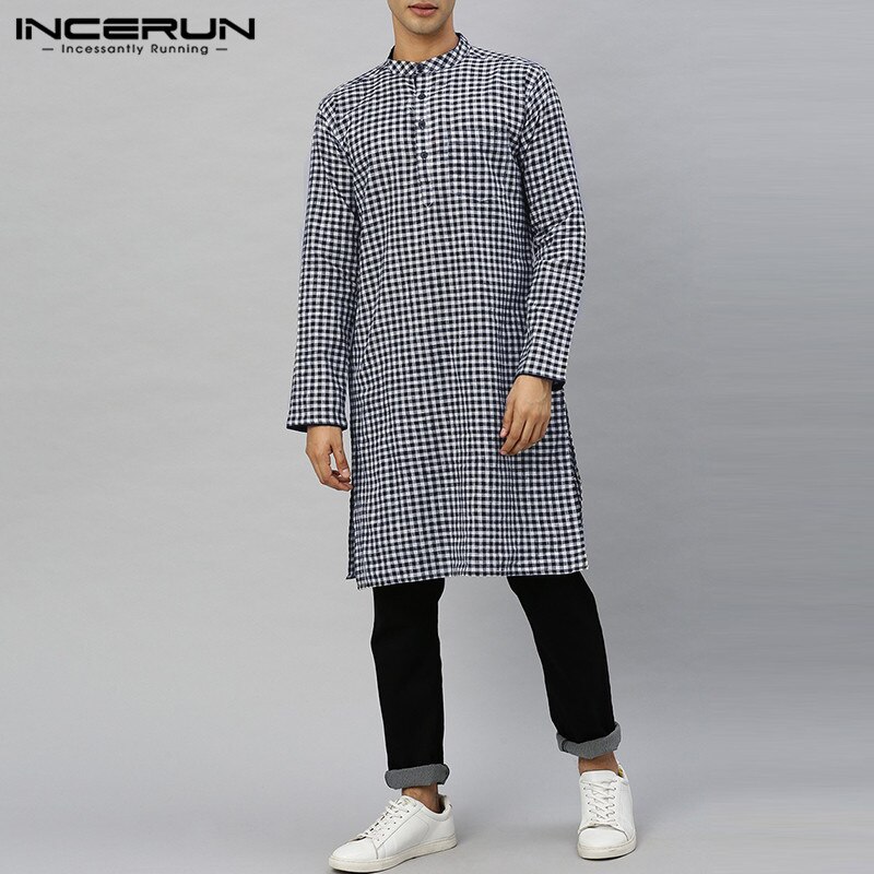 Incerun vintage lange overhemden heren geruite overhemden lange mouwen opstaande kraag camisa man losse knopen zak islamitische arabische tops