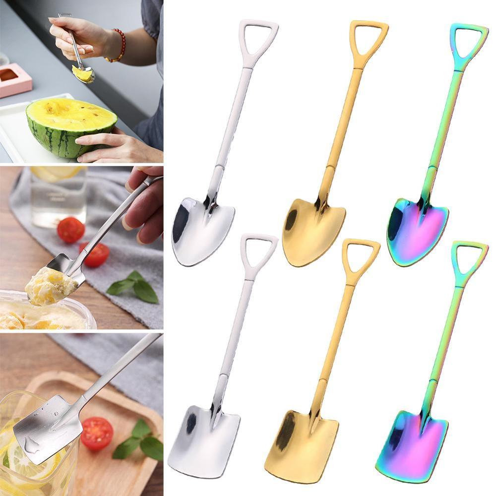 Mini 304 Stainless Steel Spade Shovel Coffee Spoon Spoon Long Spoon Fruit Spoon Teaspoon Handle Dessert Tableware Factory Supply
