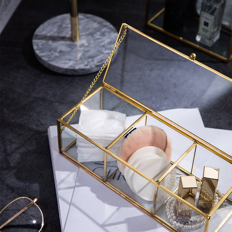 Klassisk europæisk glas makeup organizer med gylden dækket kant badeværelse makeup organizer make up produkter kosmetisk organizer