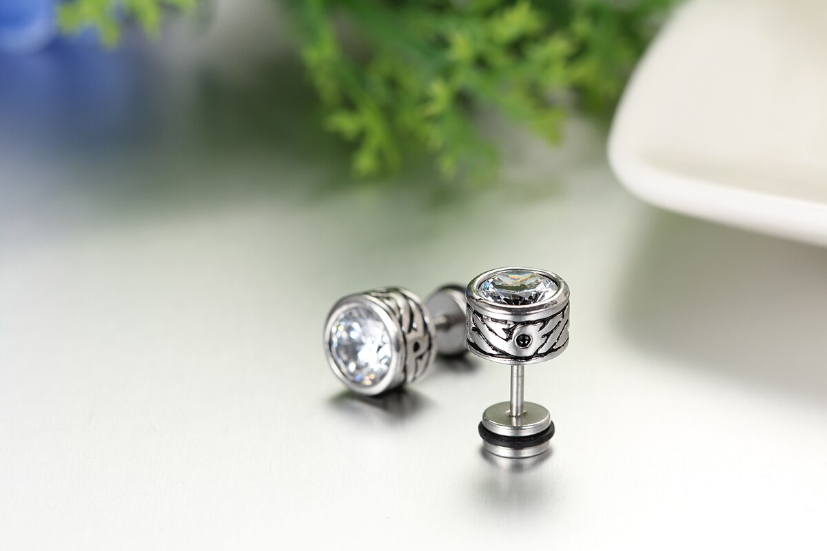 BONISKISS-pendientes de corte de acero inoxidable para hombre, arete clásico de bouclé de Oreille con piedras de cristal, joyería Simple negra encantadora