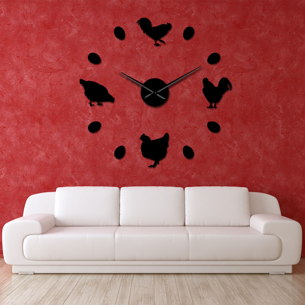 Frameless Farm Chicken And Fresh Farm Eggs DIY Giant Wall Clock Farmhouse Rustic Wall Decor Kitchen Wall Watch Mirror Stickers