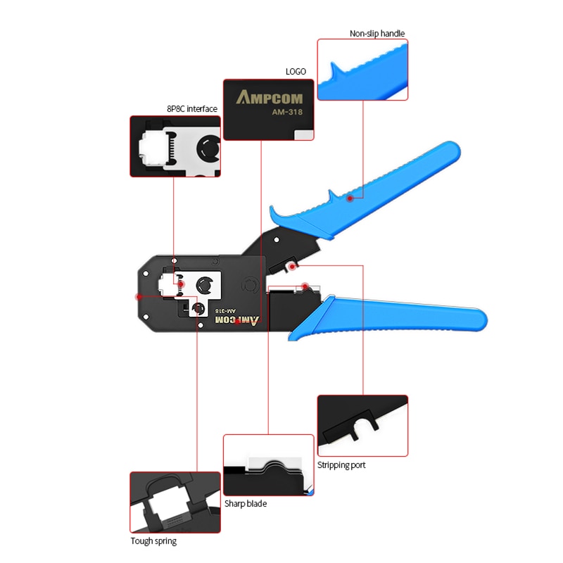 AMPCOM Pratical Series Blue RJ11 RJ45 Crimping Tool Crimping Pliers Network Cable CrimpTool for 6P 8P RJ-11/RJ-12 RJ-45