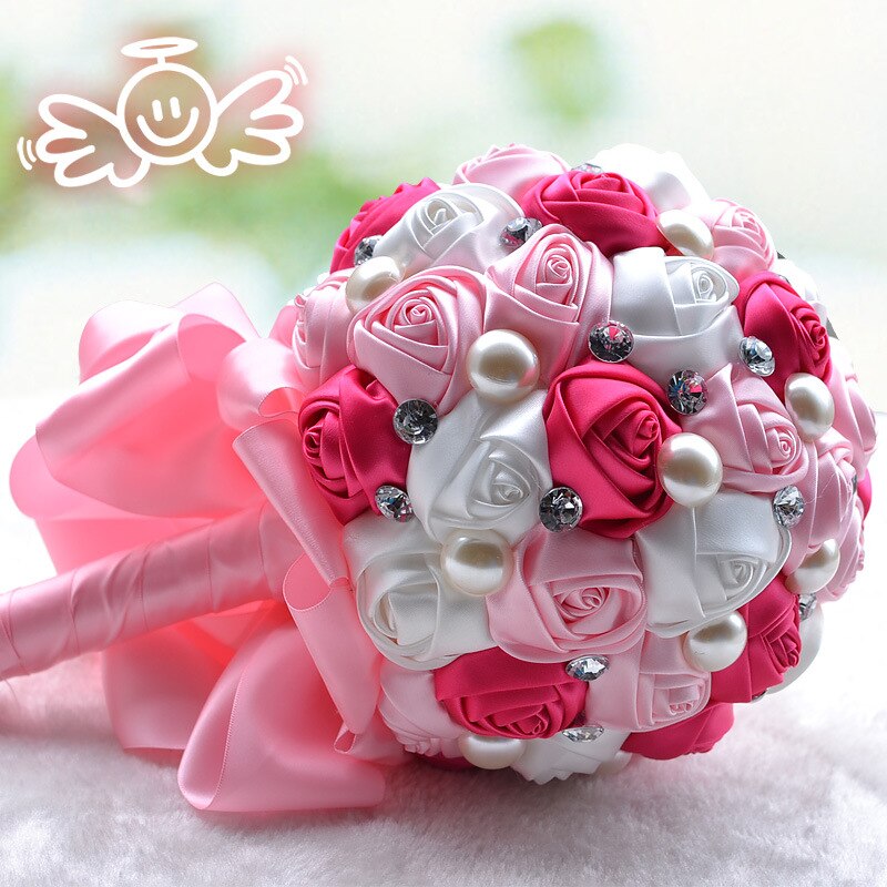 Top Cream Pink Hand Made Decorative Artificial Silk Rose Flower Bride Bridal Crystal Wedding Bouquets