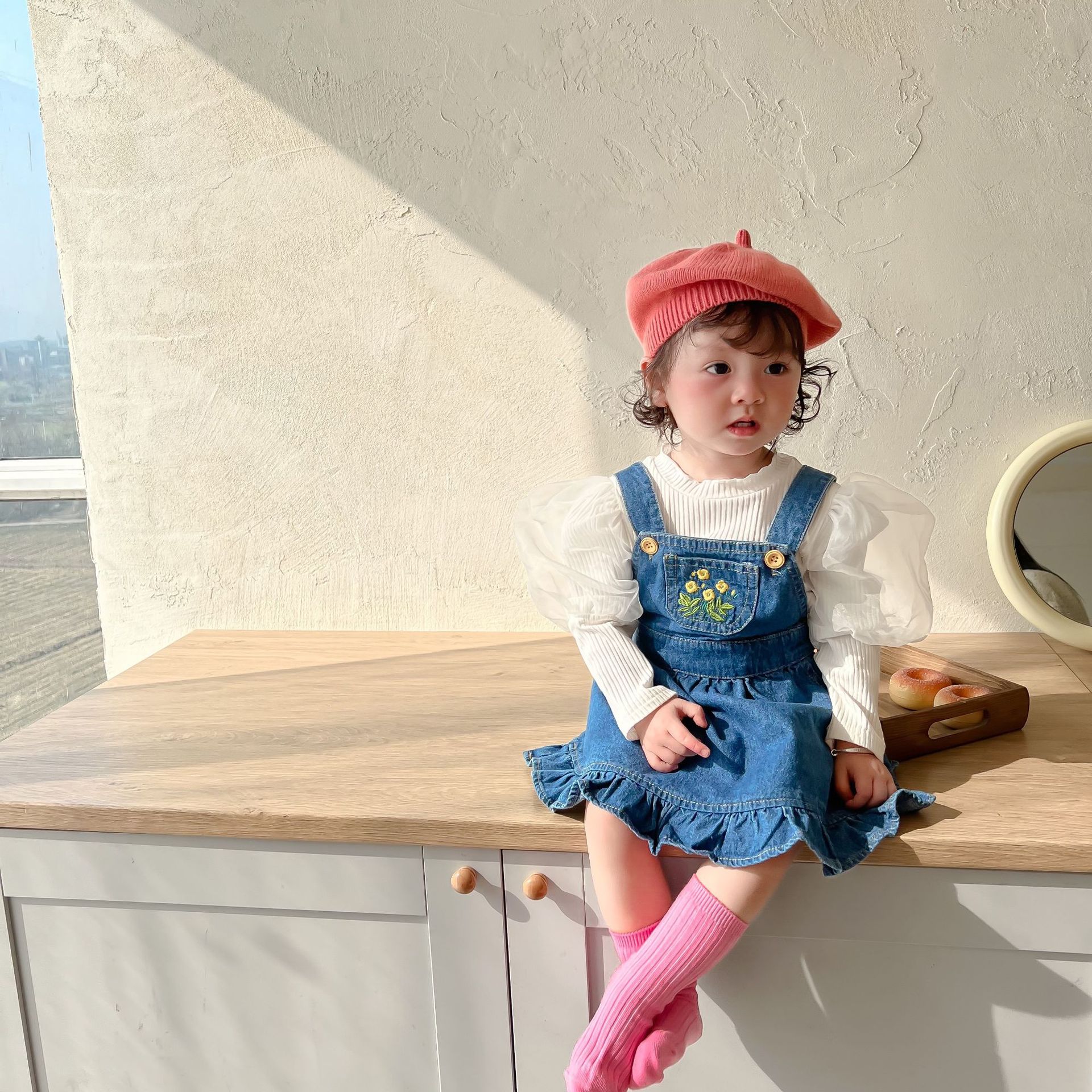 1533C abiti da ragazza abito con cinturino in Denim o camicia a fondo bianco primavera autunno 2022 abiti dolci da ragazza top con maniche a bolle