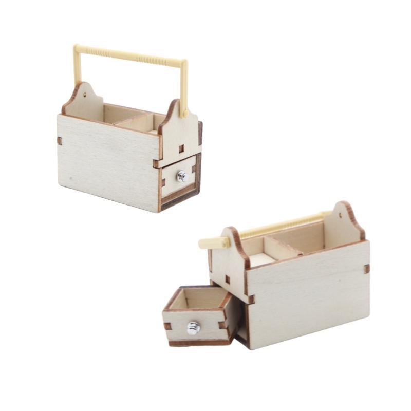 Handcraft Mini Wooden Toolbox with Drawer 112 Scale Dollhouse Tools Chest for DIY Room Scenes Decoration