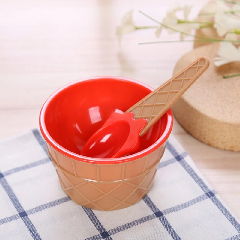 1 Pcs Lovely Kids Ice Cream Bowls With Spoon Reusable For Kids Boys Girls Cute Ice Cream Dessert Tool Set: red