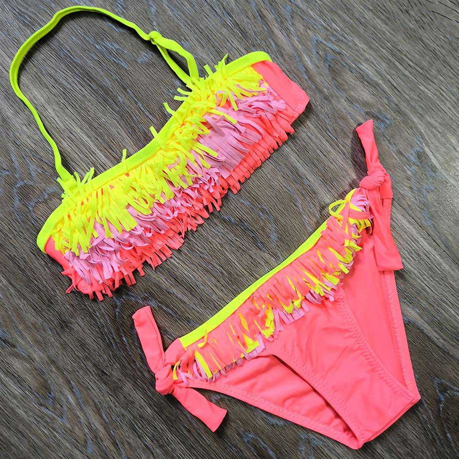 5-12 Years Teenager Girls Swimsuit Kids Swimwear Tassel Big Girl Bikini Halter Top Bathing Suit Fringe Children Girl Swim Wear: 02 / 8(5-6 Years)