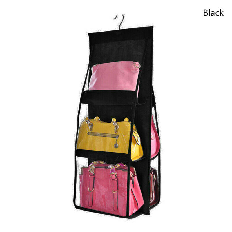 6 Pocket Hanging Handbag Organizer for Wardrobe Closet Transparent Storage Bag Door Wall Clear Sundry Shoe Bag: black