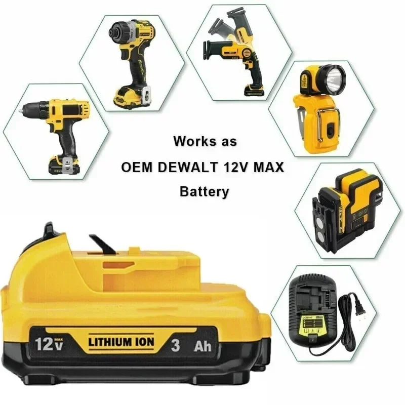 Para baterías recargables DeWalt DCB120 - DCB127 - Batería de repuesto de iones de litio máxima de 3000 mAh y 12 V.