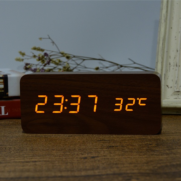 Beste High-End Klokken, Thermometer Wekker Led Digital Voice Tafelklok, 13 Kleuren Digitale Klok Batterij/Usb Power: brown orange