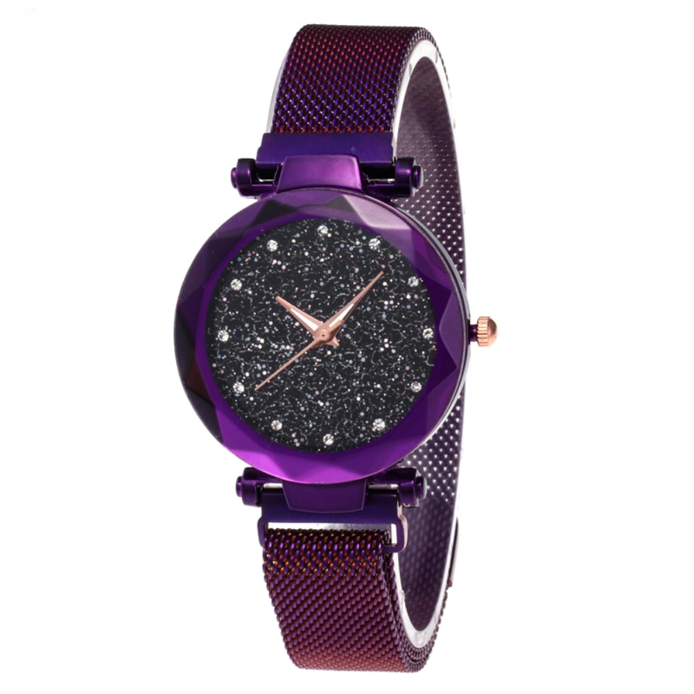 Sterrenhemel Horloge Waterdicht Stappenteller Stappenteller Horloge met Roestvrij Staal Magneet Gesp Fitness Horloge voor Vrouwen: Purple