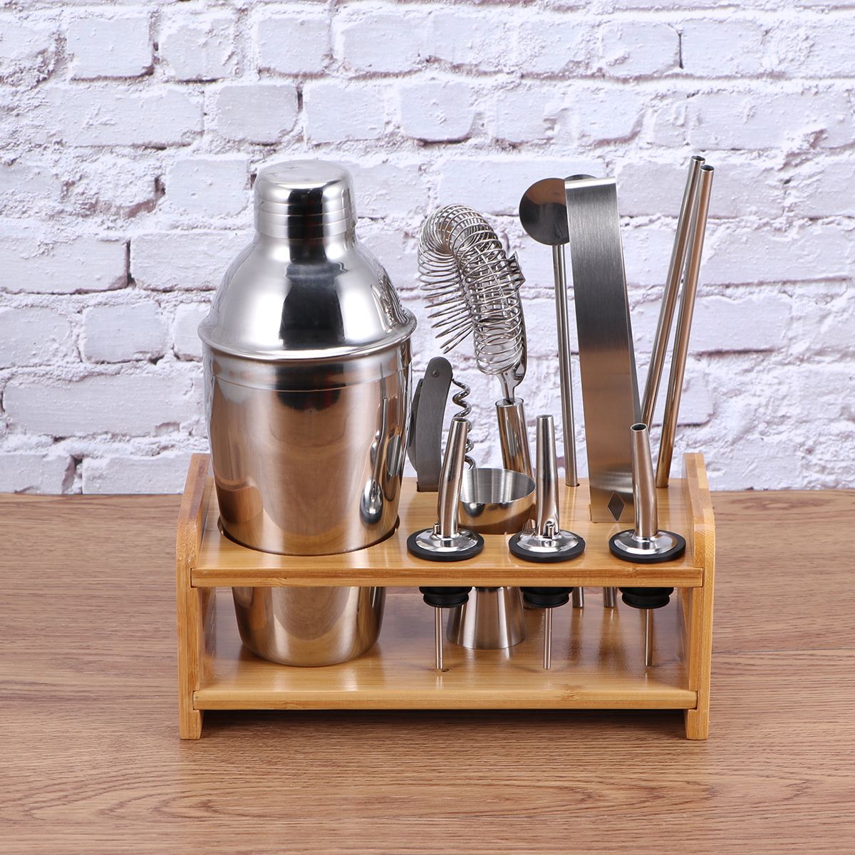 1 Set 12pcs Stainless Steel Cocktail Kit Wooden Base Cocktail Mixing Kit Drink Mixer Bartender Tools 250/350/550/750ML