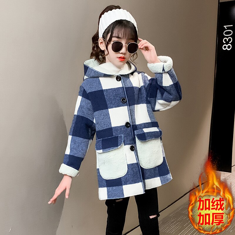 Automne/hiver fille veste en laine 5 6 8 10 12 ans enfants vêtements épaissir à capuche filles épaissir longs manteaux mignon filles Outwear: blue / 5