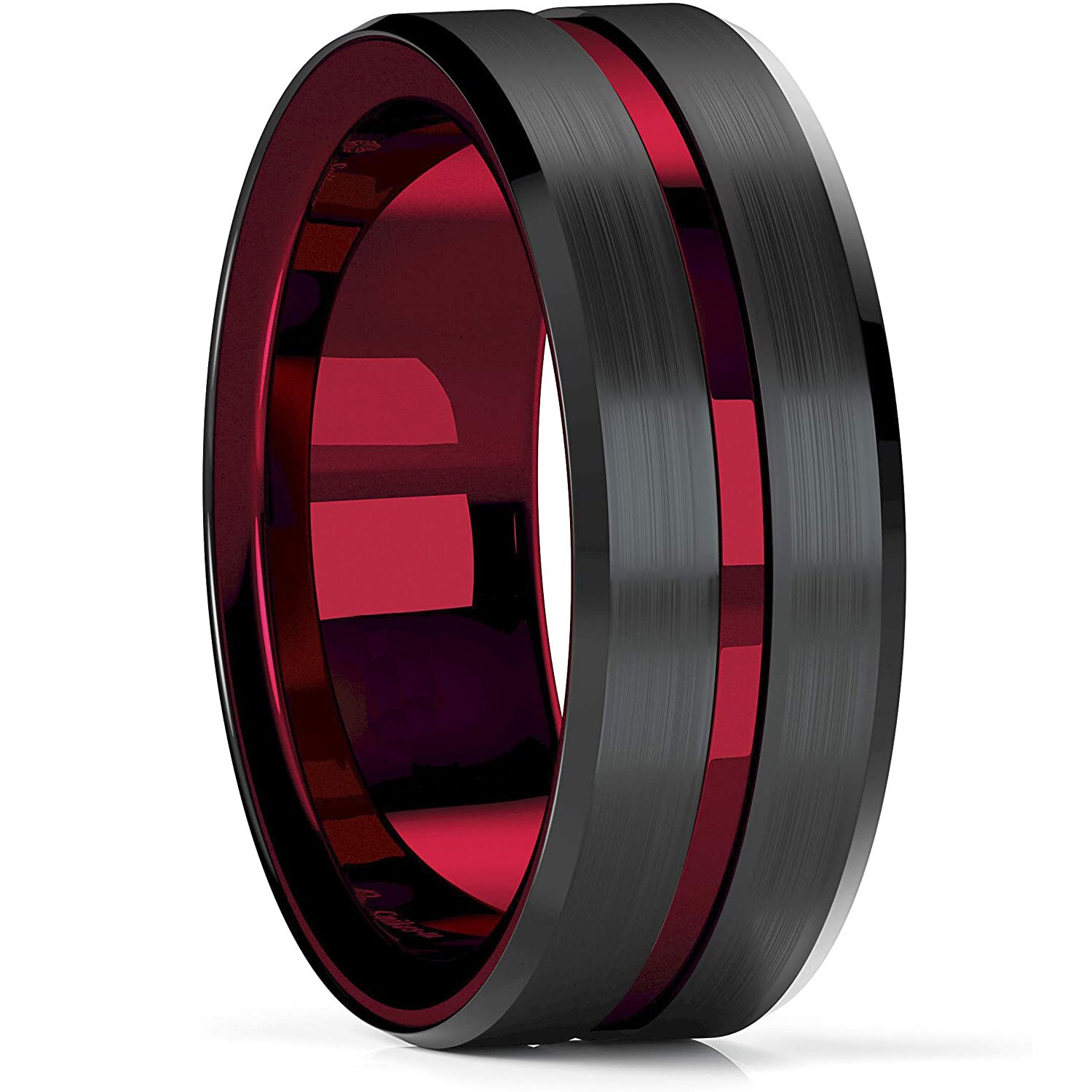 Men's 8MM Black Brushed Ladder Edge Tungsten Steel Ring Red Groove Wedding Ring Men’s Valentine