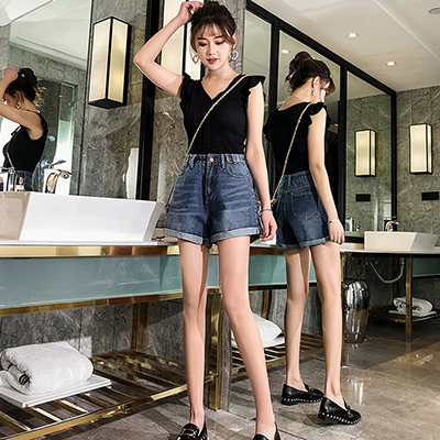 High Waist Ladies Jeans Sexy Short Pants Straight Denim Washed Cuffs Bleached Jeans Women Cotton Denim with Pocket: L