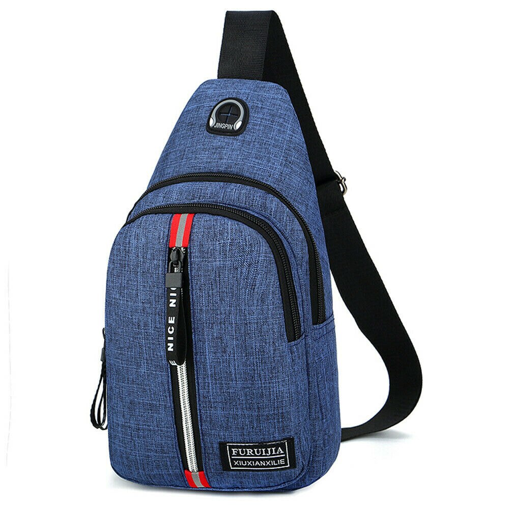 CANIS bolso de hombro para hombre Sling pecho Oxford USB carga deportes bandolera bolso: Azul