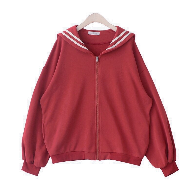 Japanese Preppy Style Autumn Women Jacket Mori Girl Kawaii Cotton Sailor collar Loose Long Sleeve Casual Coat Female Outerwear: Dark red
