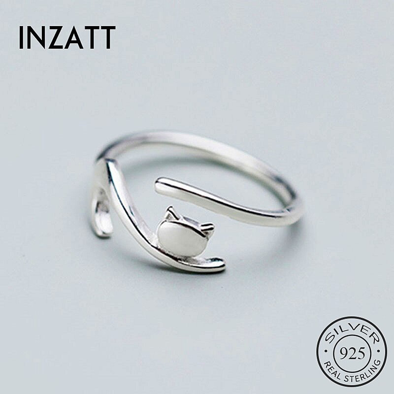 Inzatt Echt 925 Sterling Zilveren Kat Verstelbare Ring Voor Mode Vrouwen Party Leuke Fijne Sieraden Minimalistische Accessoires