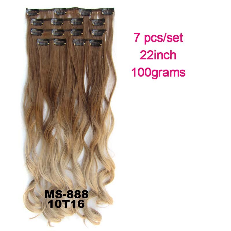 Extensiones de pelo sintético ondulado 7 unids/set, Clip de 22 pulgadas, 100g, Color negro, marrón, degradado postizo, resistente al calor: 10T16