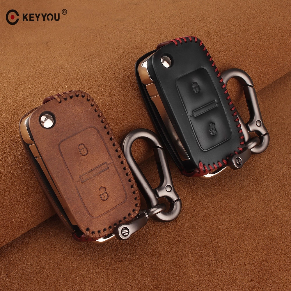 KEYYOU Leather Car Key Case Remote Key Cover For VW Volkswagen Amarok Polo Golf MK4 Bora Jetta Altea Alhambra Fob Key