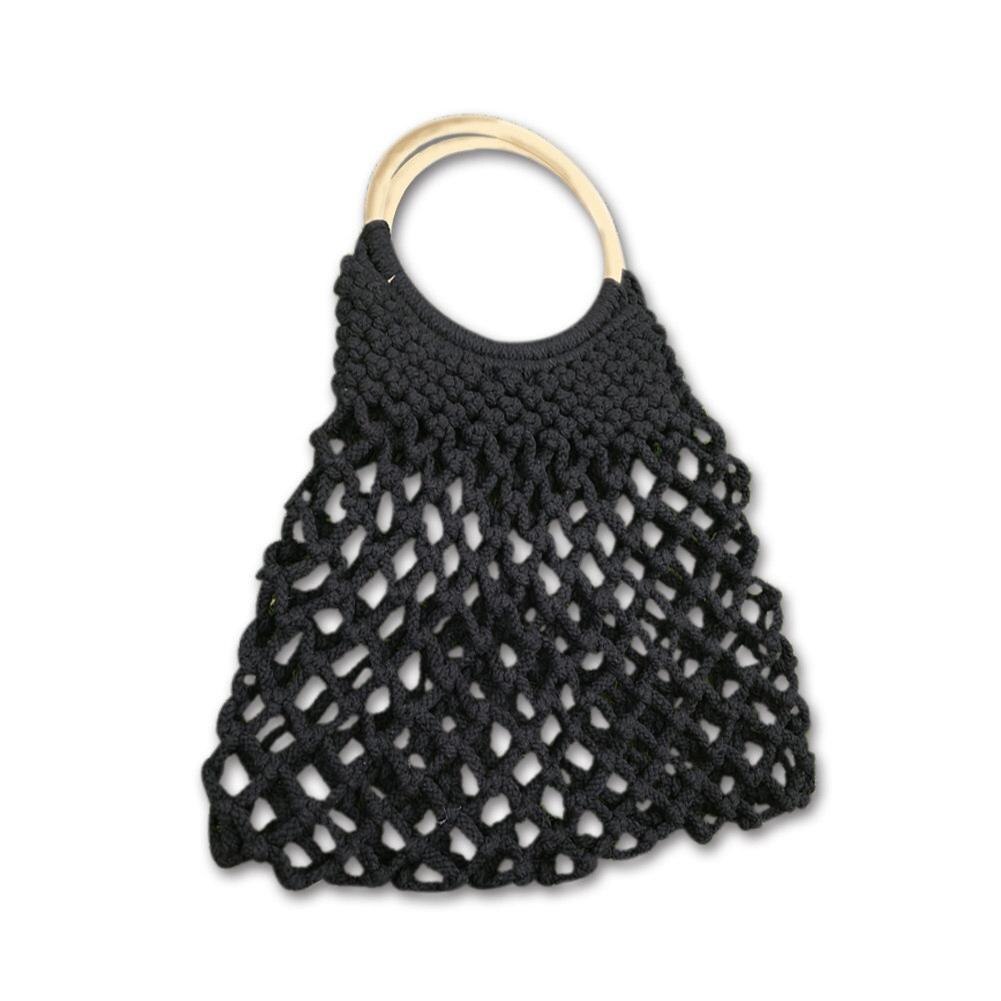 Femme évidé Net Sac À Main décontracté À La Tissé Sac Coton Sac À Bandoulière Plage Paille Tissé Bracelets Sac: Black