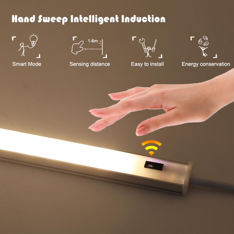 Luz LED debajo de las luces del gabinete para cocina, interruptor de barrido manual, Sensor de movimiento PIR, lámpara de armario, luz nocturna Led de 30/40/50cm
