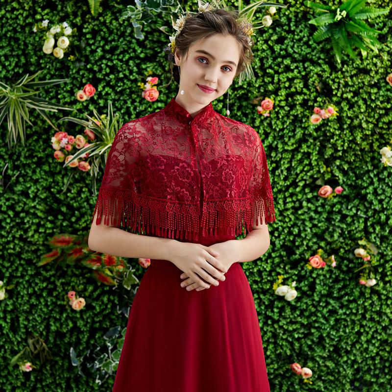 Zomer Vrouwen Bolero 11 Kleuren Kant Bruids Stola Wraps Vintage Kwasten Bruiloft Jas Sjaal Elegante Avond Jas Cape Mariage: Burgundy
