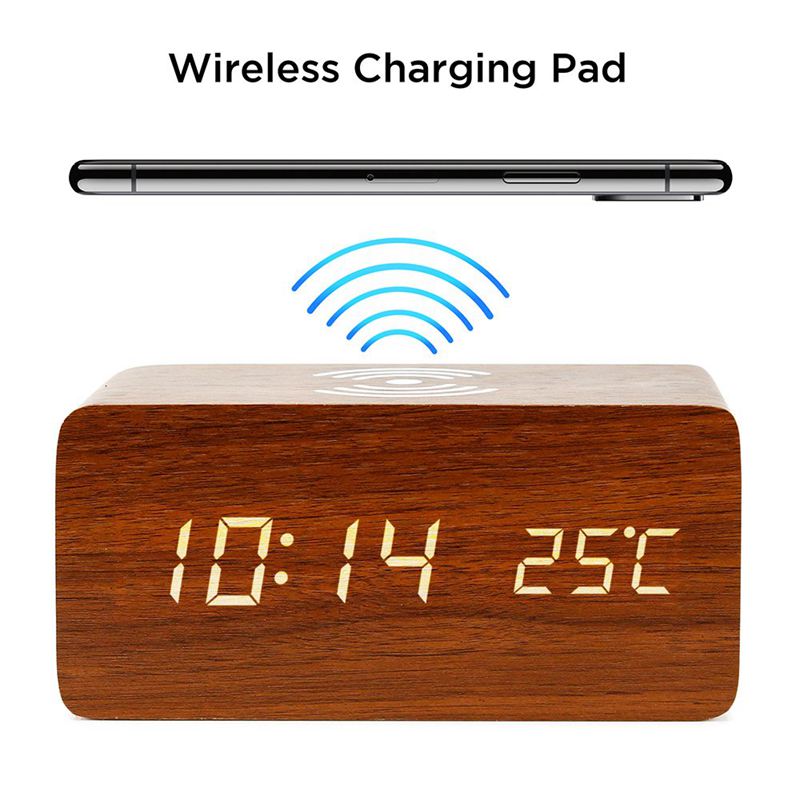 Réveil avec pour Qi chargeur sans fil Compatible avec pour Iphone Samsung bois Led horloge numérique fonction de contrôle du son,