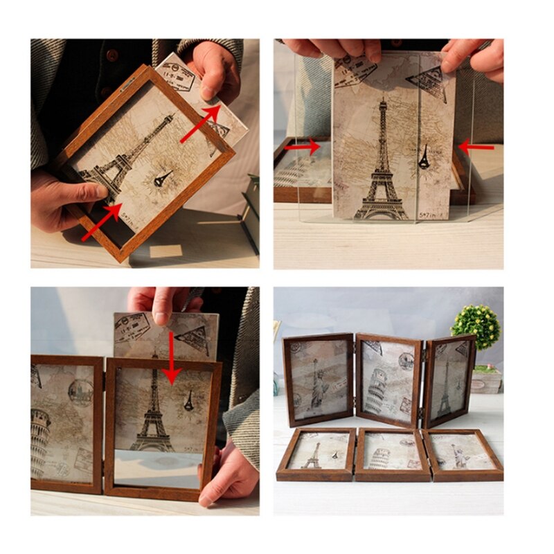 Retro double-sided triple-fold composite photo frame Hinged Picture Frame with Glass Front Made to Display Stands Verti
