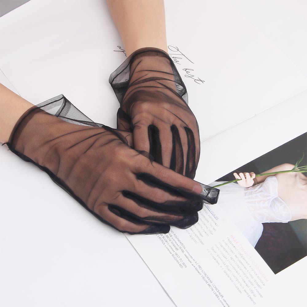 1 par ensfarvet silke korte handsker kvinder sommer blonder mesh gaze ultra tynd åndbar gennemsigtig fuld finger handsker: Sort