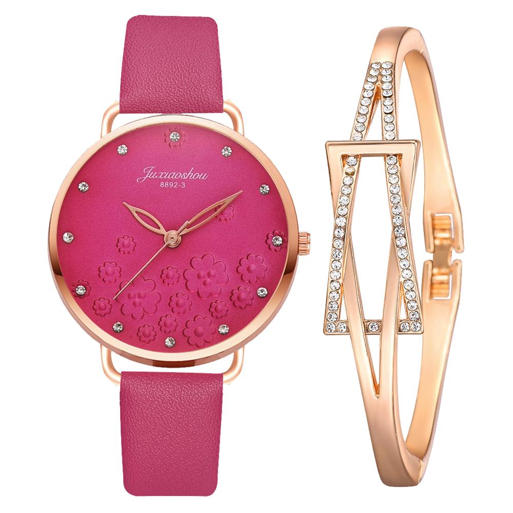 Frauen Diamant Uhr Blumen Runden Zifferblatt Armbinde Uhren einstellen Damen Leder Band Quarz Armbanduhr Weibliche Uhr Zegarek Damski: 2Stck Rose rot