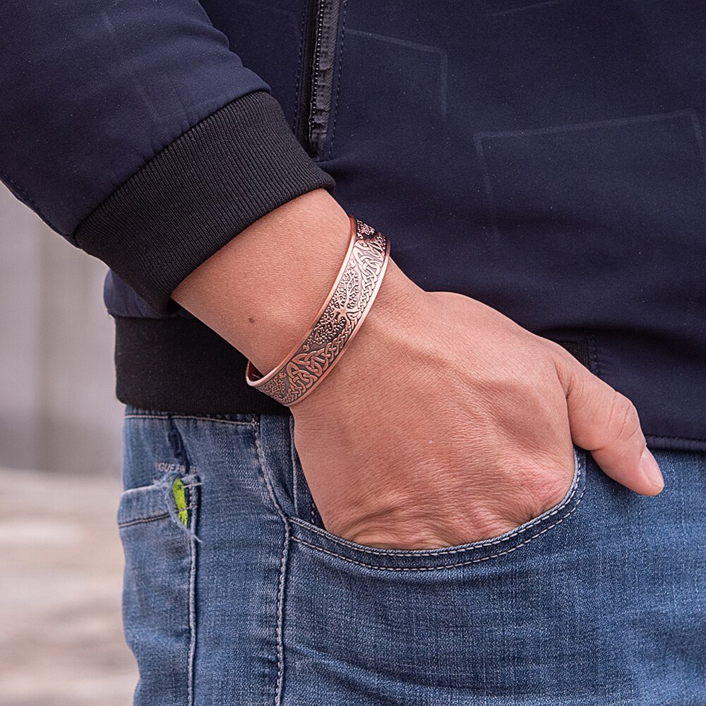 Yggdrasil – Bracelet magnétique en cuivre pur pour hommes, réglable, énergie magnétique, avantages, Bracelet à nœud Viking