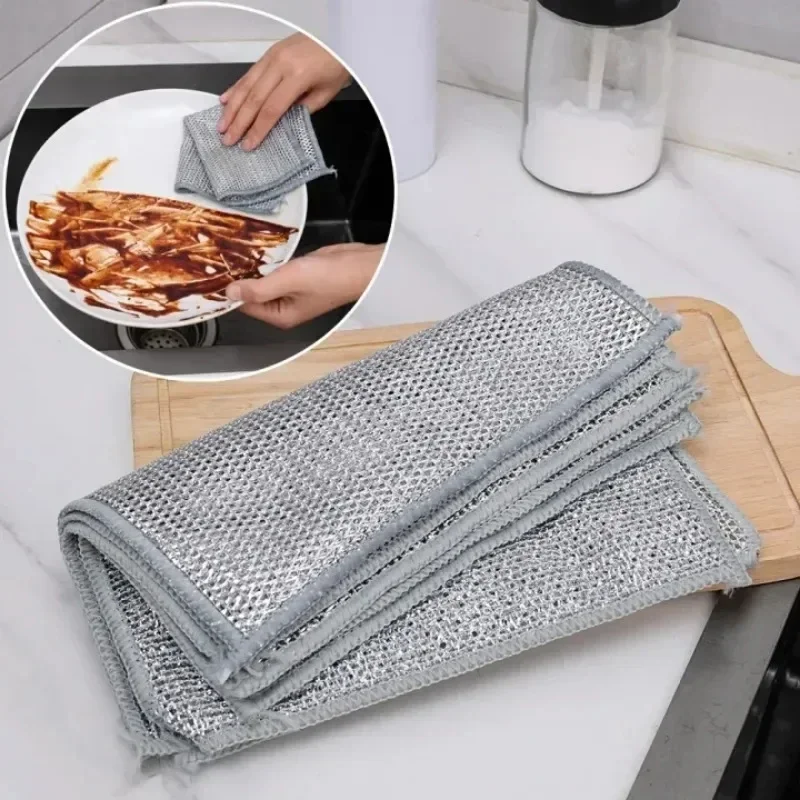 Paño de limpieza de alambre de 5/20 piezas, trapos de alambre de Metal plateado grueso de doble cara, paños de lavado para platos de cocina, herramientas de limpieza de toallas