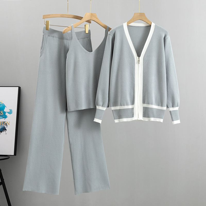 2025 nueva conjunto de 3 piezas chaleco Sexy para mujer + cárdigan de manga larga con cremallera + pantalones de cintura elástica chándal de mujer traje de punto: Gris