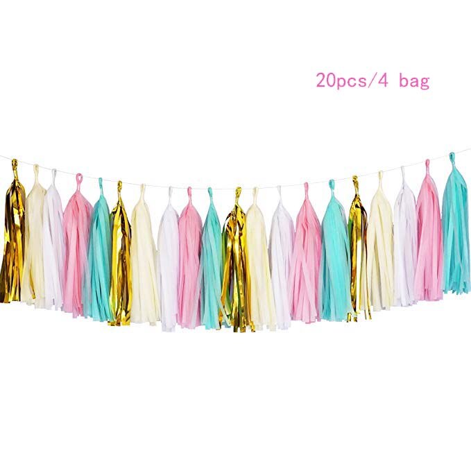 20 st silkespapper tofs krans rosa blå banderoll papper gör det själv fest krans för födelsedag baby shower bröllopsfest dekorationer: Fluorescensgul