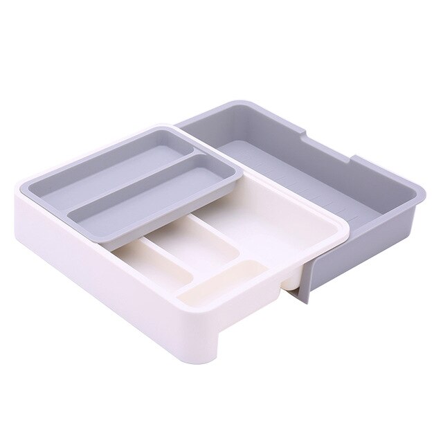 Kitchen drawer organizer plastic storage drawer Cutlery Tray for drawers divider Durable Utensil Multi Partition Safe Easy Clean: White Grey