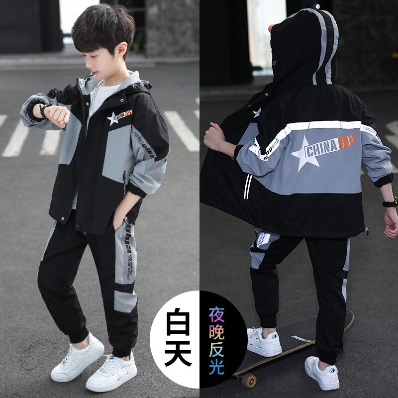 Kinder Kleidung Herbst Anzug Jungen Hoodies und Hosen Winddicht Graben Mantel Leucht Langarm 2 Pcs Set