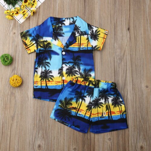 Crianças da criança meninos roupas de verão havaiano manga curta botão camisa + shorts beachwear 2 peças conjunto terno 1-6y