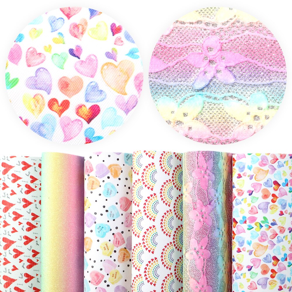 6 stk / sæt kærlighed hjerte regnbue assorteret trykt kunstlæder ark vinyl stof til fremstilling af håndlavet tekstilhåndværk ,1 yc 9880