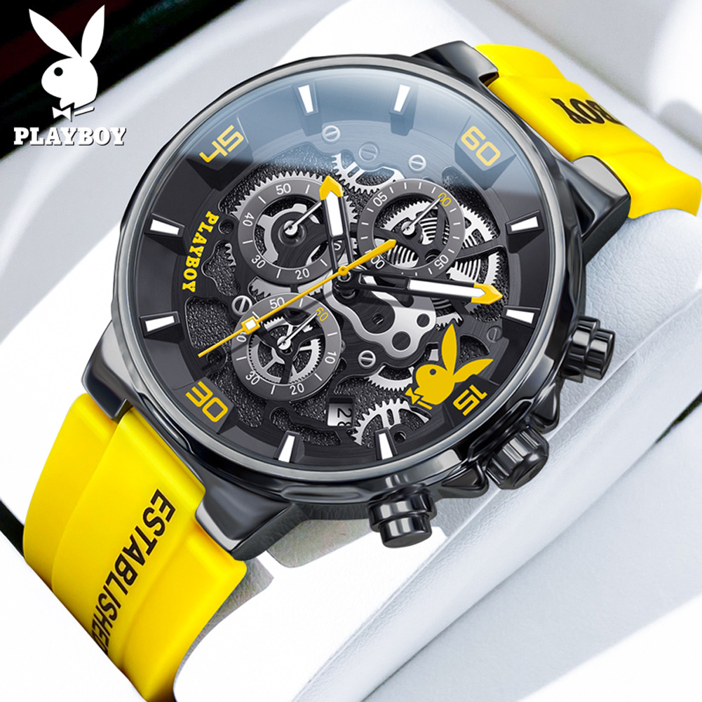 PLAYBOY, reloj de cuarzo de tendencia de la mejor para hombre, correa de silicona Original, relojes para hombre, calendario resistente al agua, reloj masculino multifunción: YELLOW