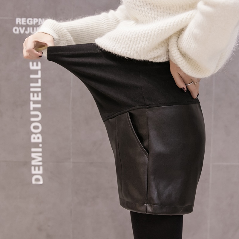 Pantalones cortos de maternidad de PU para mujeres embarazadas, Shorts de de otoño para invierno, vientre ajustable, pierna ancha, sueltos, color negro, n. ° 1079