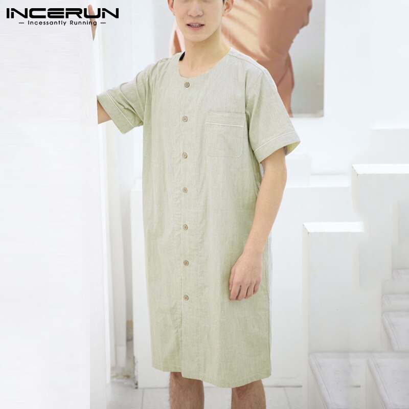 Summer Men Robes Solid Color Short Sleeve Button Up Comfortable Cotton Homewear Bathrobes Leisure Mens Nightgown S-5XL INCERUN
