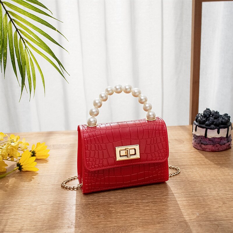 Mini bolso de gelatina de cuero para mujer, cartera de mano con perlas para , monedero,: pearl red