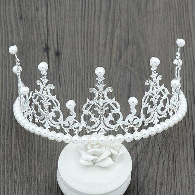 Corona de perlas de Blanco Simple, tocado, accesorios para el cabello de boda, Tiara de novia, diadema, Reina, Pastel de princesa, foto, , decoración del bebé: Plata