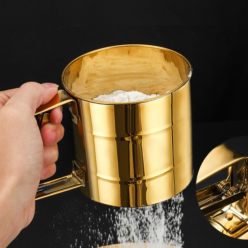 Tamis à farine semi-automatique à mailles fines, avec échelle de mesure, filtre à sucre glacé en acier inoxydable, passoire de tasse, cuisson de cuisine
